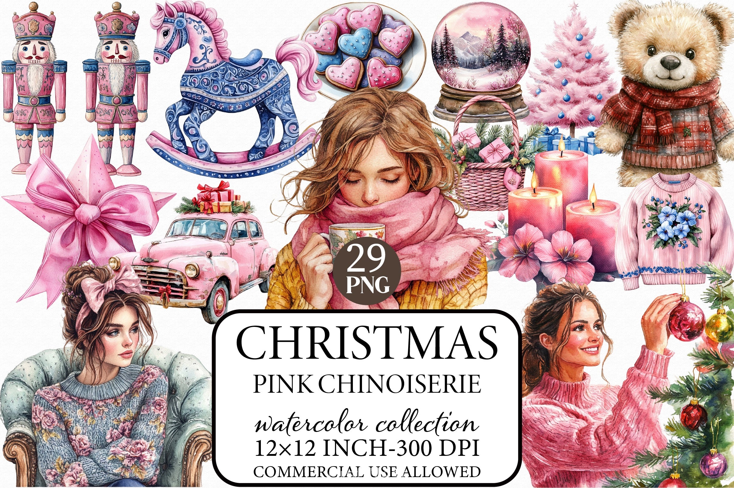 Pink Chinoiserie Christmas Clipart Bundle - CraftNest - Digital Crafting and Art