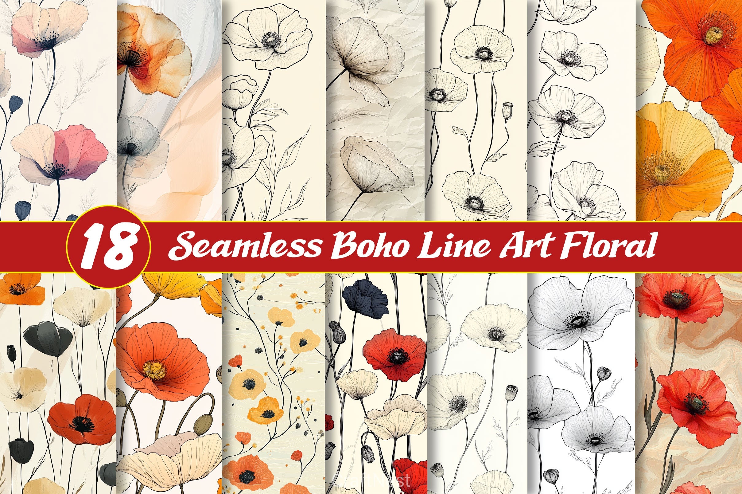 Seamless Boho Line Art Floral Background - CraftNest - Digital Crafting and Art