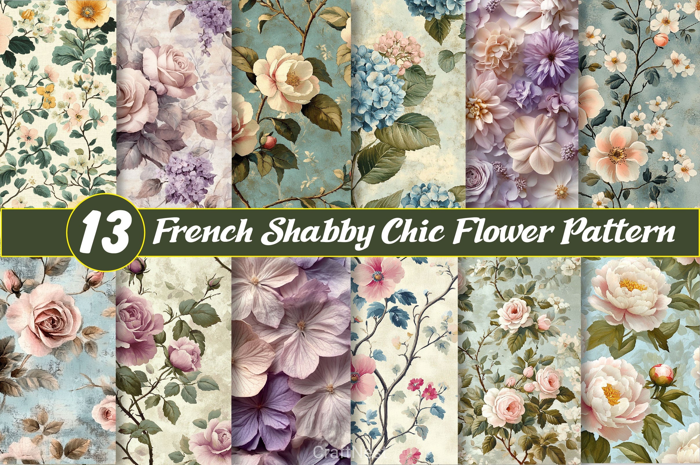 French Shabby Chic Pastel Flower Pattern Clipart Bundle - CraftNest - Digital Crafting and Art