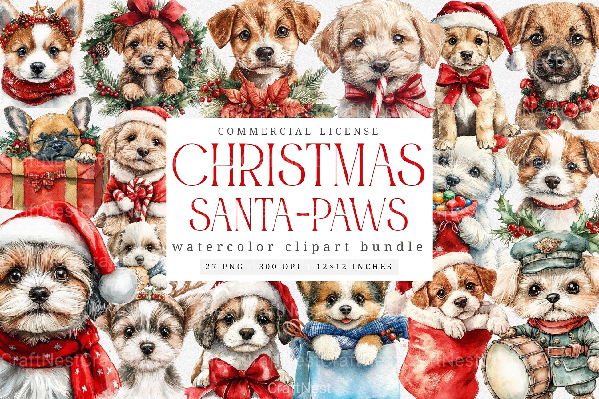 Vintage Santa Paws Retro Christmas Puppy Clipart Bundle - CraftNest - Digital Crafting and Art
