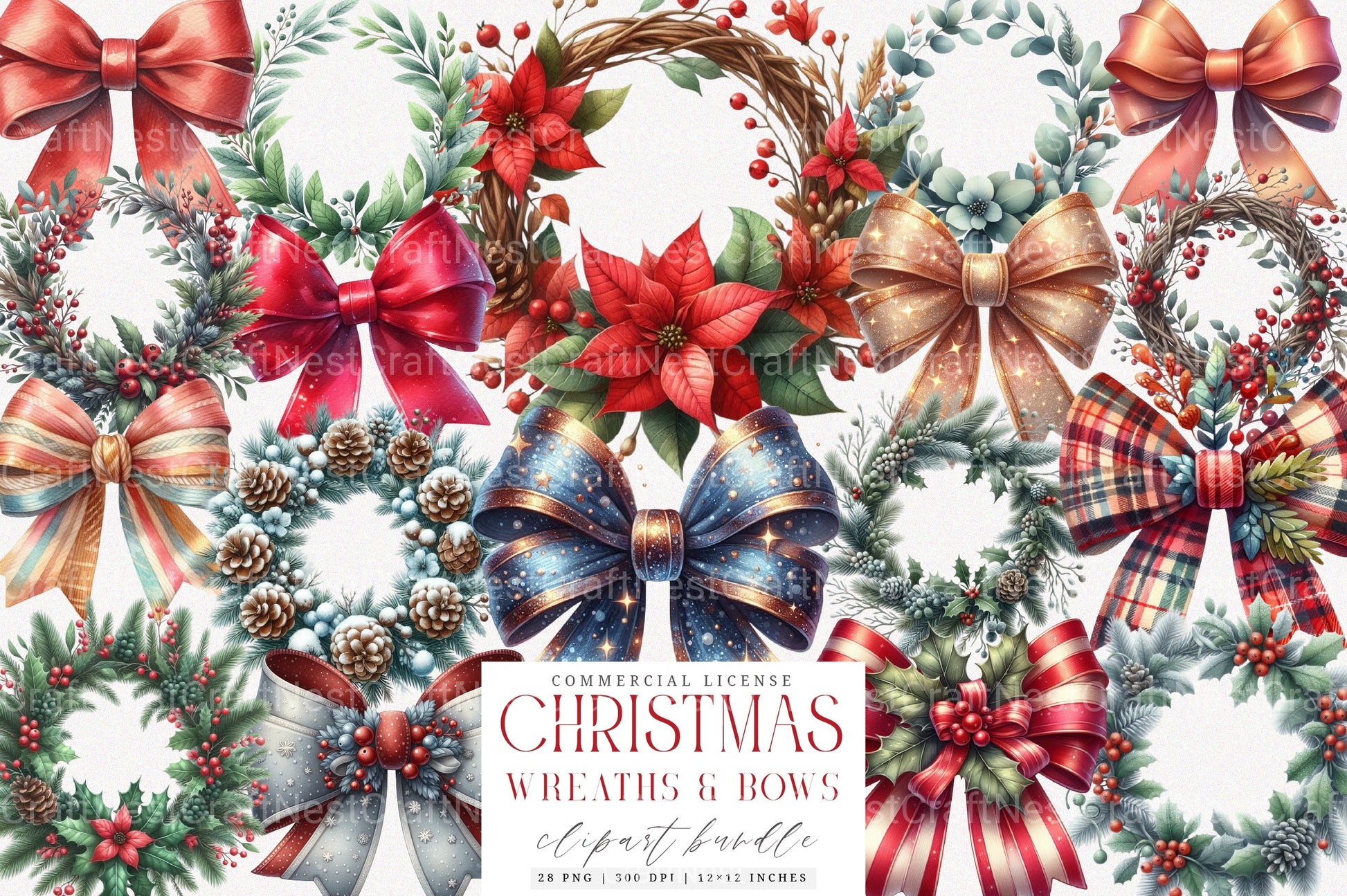 Christmas Wreaths & Bows Clipart Bundle - CraftNest - Digital Crafting and Art