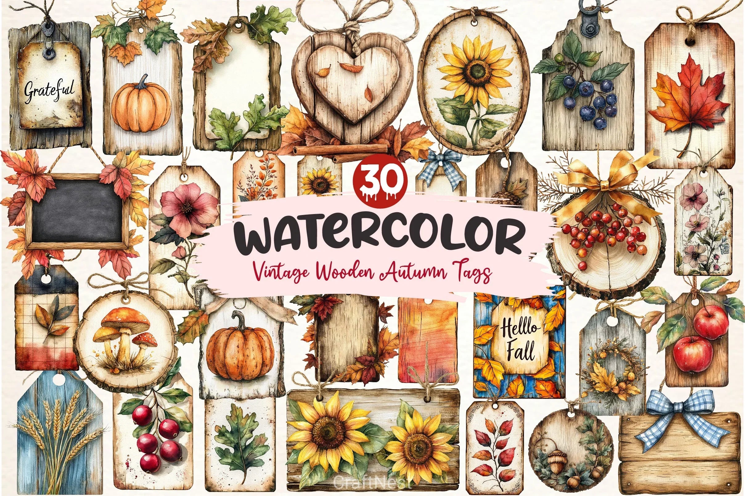 Vintage Wooden Autumn Tags Clipart Bundle