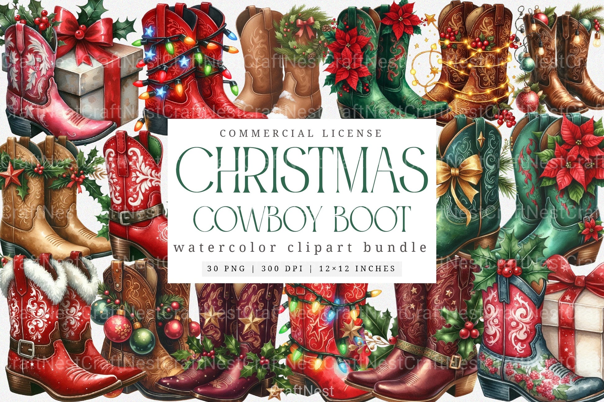 Festive Christmas Cowboy Boots Clipart Bundle - CraftNest - Digital Crafting and Art
