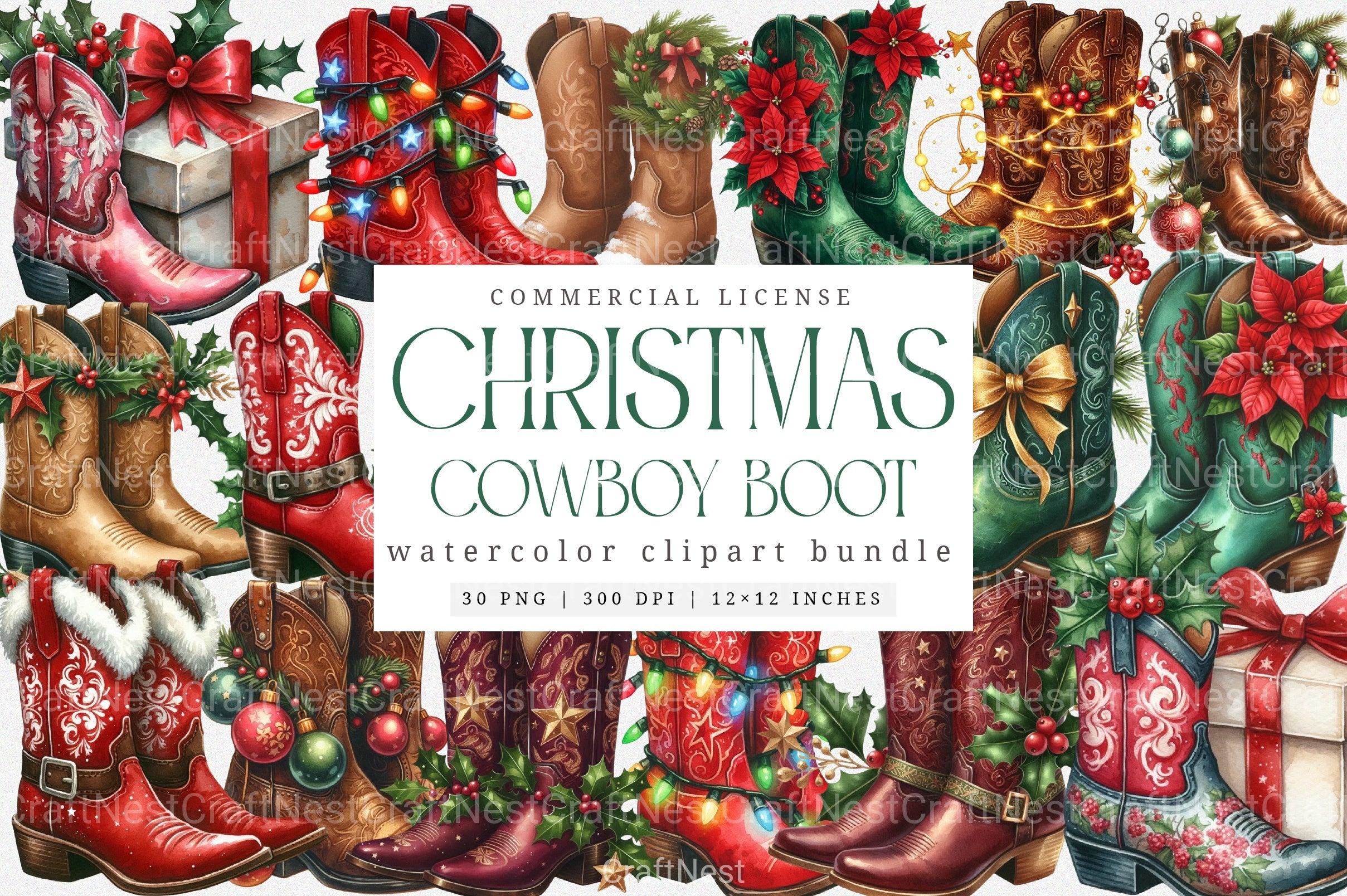 Festive Christmas Cowboy Boots Clipart Bundle - CraftNest - Digital Crafting and Art
