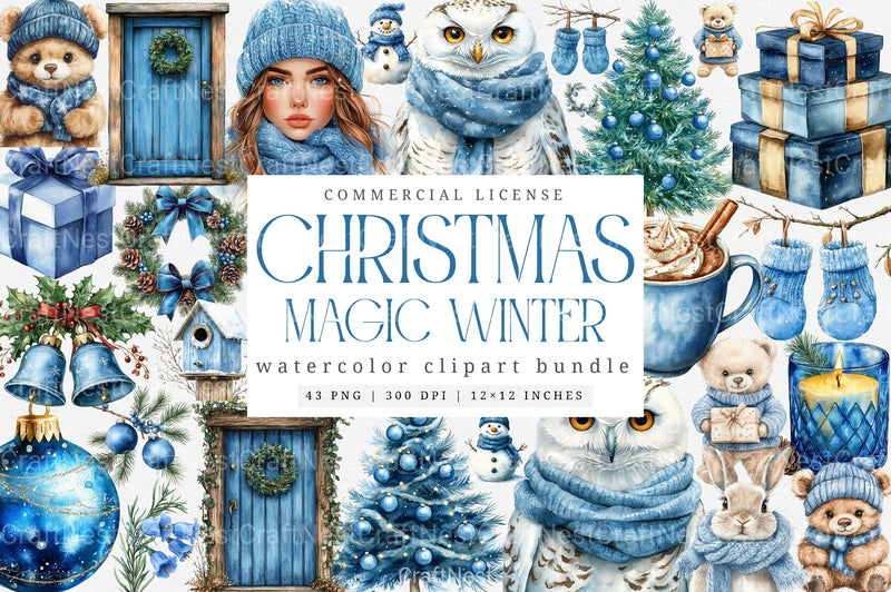 Blue Christmas Magic Winter Cozy Clipart Bundle 2 - CraftNest - Digital Crafting and Art