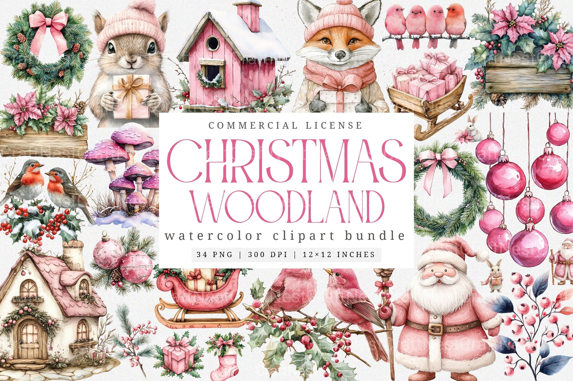 Pink Christmas Magic Winter Woodland Clipart Bundle - CraftNest - Digital Crafting and Art