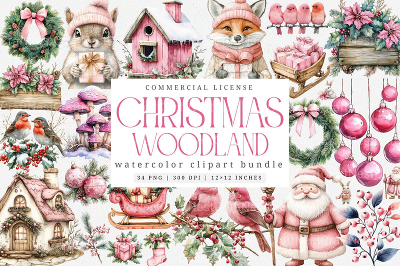 Pink Christmas Magic Winter Woodland Clipart Bundle - CraftNest - Digital Crafting and Art