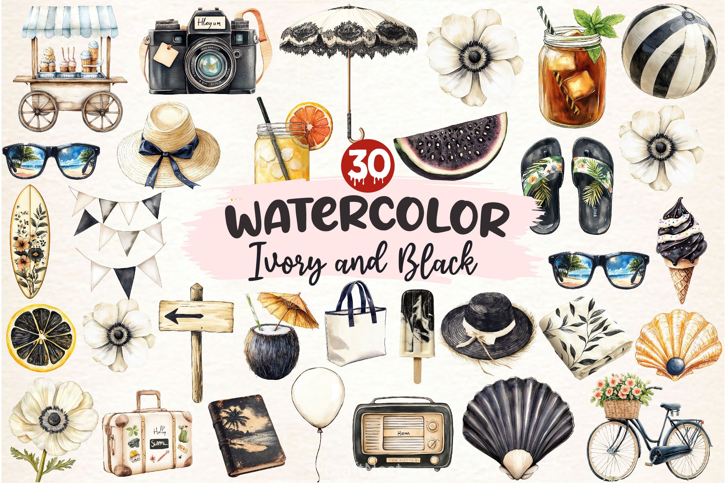 Ivory And Black Hello Summer Clipart Bundle - CraftNest - Digital Crafting and Art