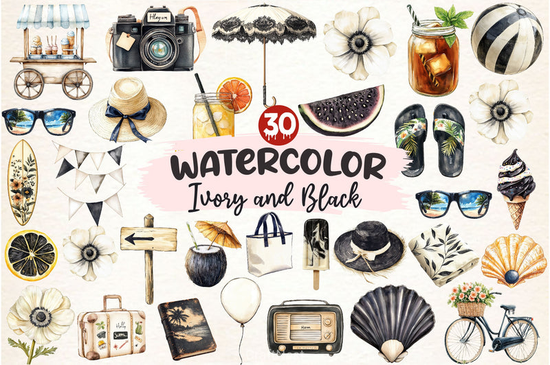 Ivory And Black Hello Summer Clipart Bundle - CraftNest - Digital Crafting and Art
