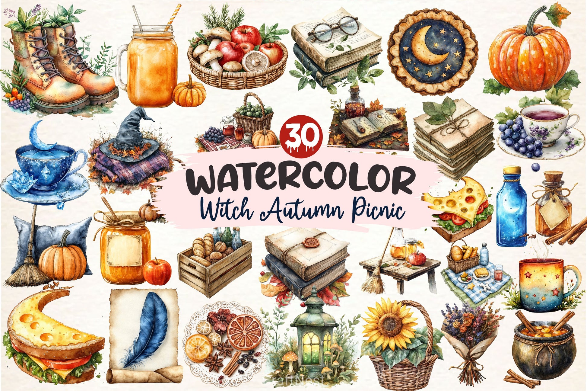 Witch Autumn Picnic Set Clipart Bundle 2 - CraftNest - Digital Crafting and Art