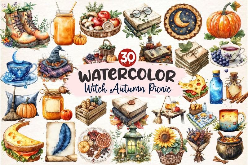 Witch Autumn Picnic Set Clipart Bundle 2 - CraftNest - Digital Crafting and Art