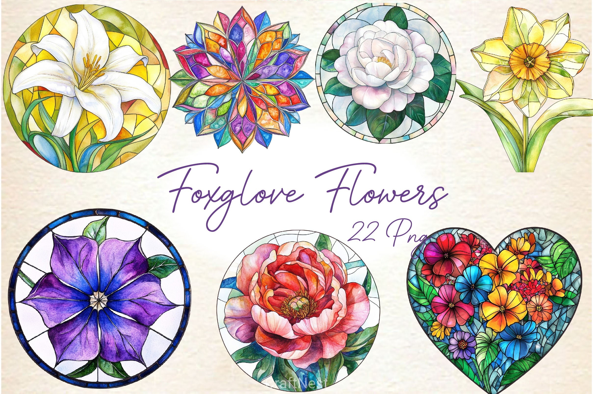 Stained Glass Spring Flowers Clipart Bundle - CraftNest - Digital Crafting and Art