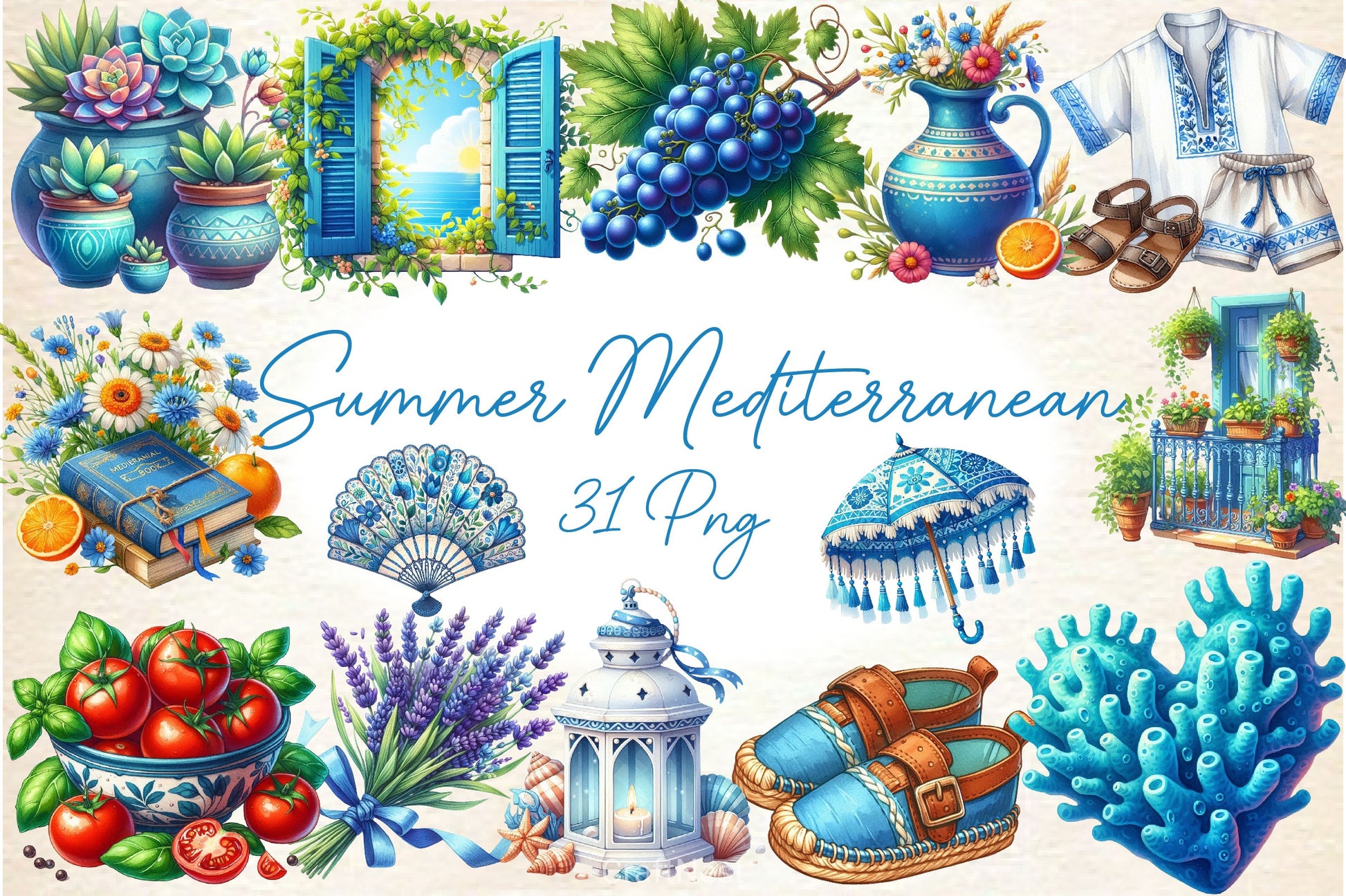 Blue Summer Mediterranean Clipart Bundle - CraftNest - Digital Crafting and Art