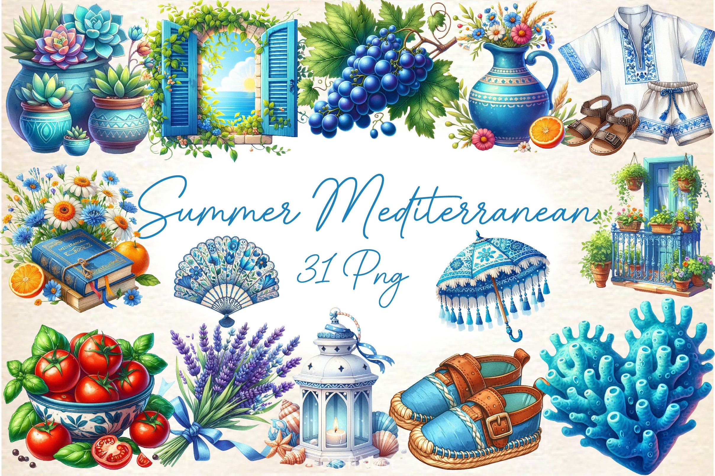 Blue Summer Mediterranean Clipart Bundle - CraftNest - Digital Crafting and Art