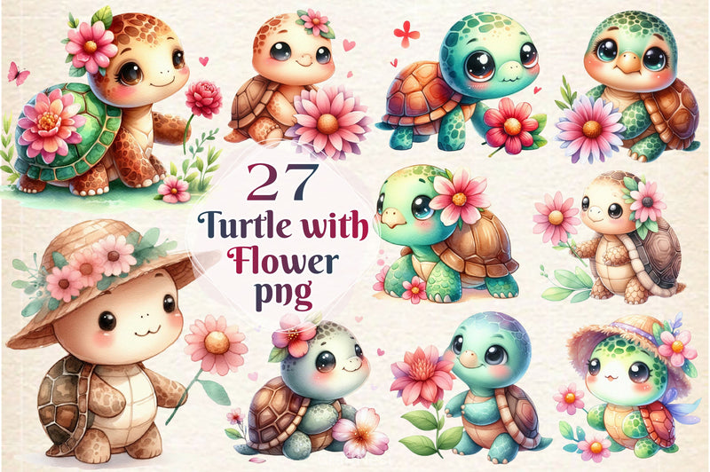 Turtle With Flower Clipart Bundle 2 - CraftNest - Digital Crafting and Art