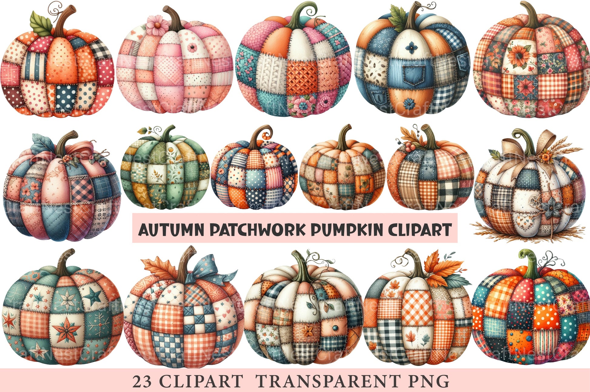 Autumn Patchwork Pumpkin Clipart Bundle - CraftNest - Digital Crafting and Art