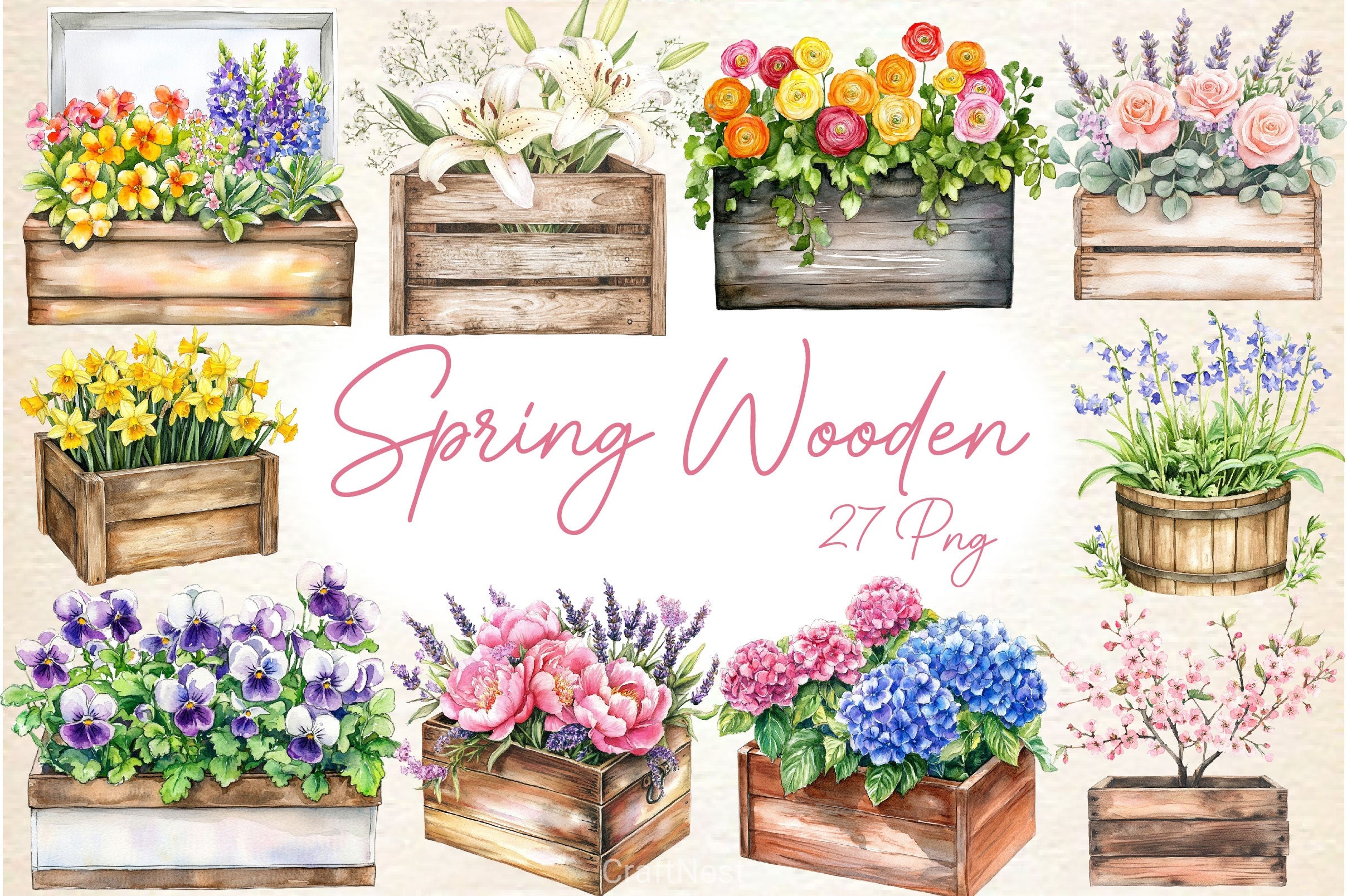 Spring Wooden Planters Box Clipart Bundle - CraftNest - Digital Crafting and Art