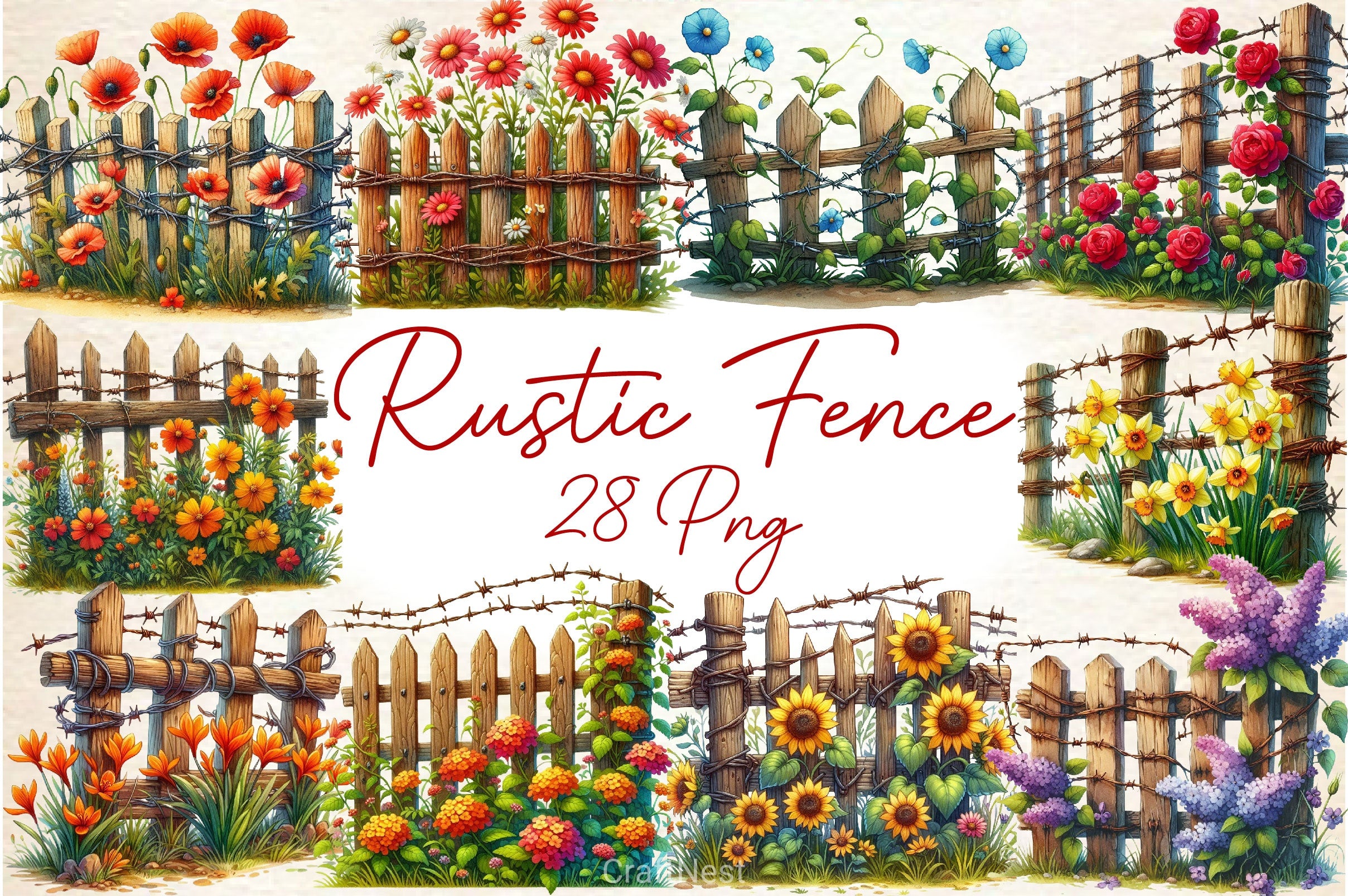 Rustic Fence With Flowers Clipart Bundle - CraftNest - Digital Crafting and Art