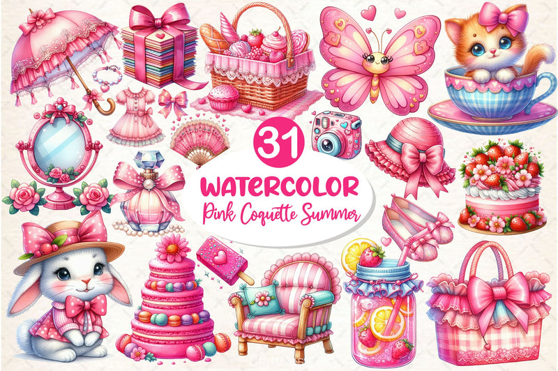 Pink Coquette Hello Summer Clipart Bundle - CraftNest - Digital Crafting and Art