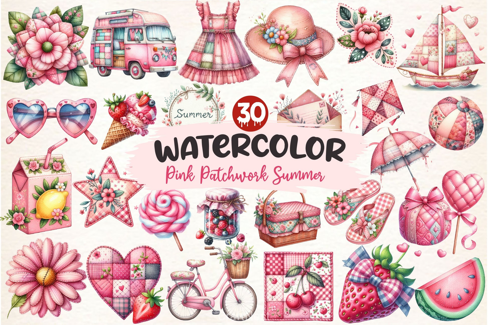 Pink Patchwork Summer Clipart Bundle - CraftNest - Digital Crafting and Art