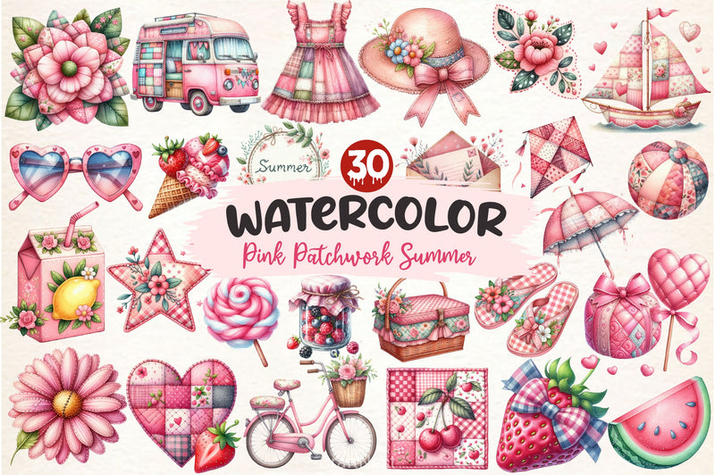 Pink Patchwork Summer Clipart Bundle - CraftNest - Digital Crafting and Art