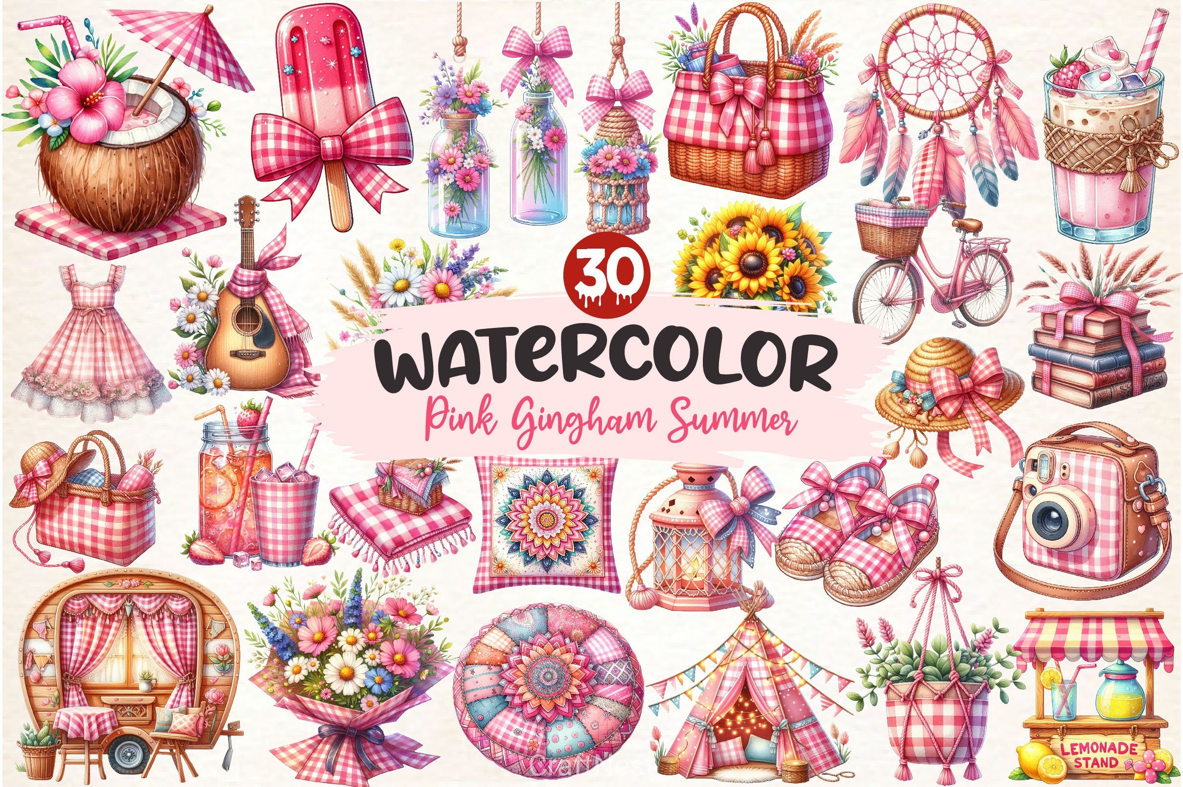 Bohemian Pink Gingham Summer Clipart Bundle 2 - CraftNest - Digital Crafting and Art