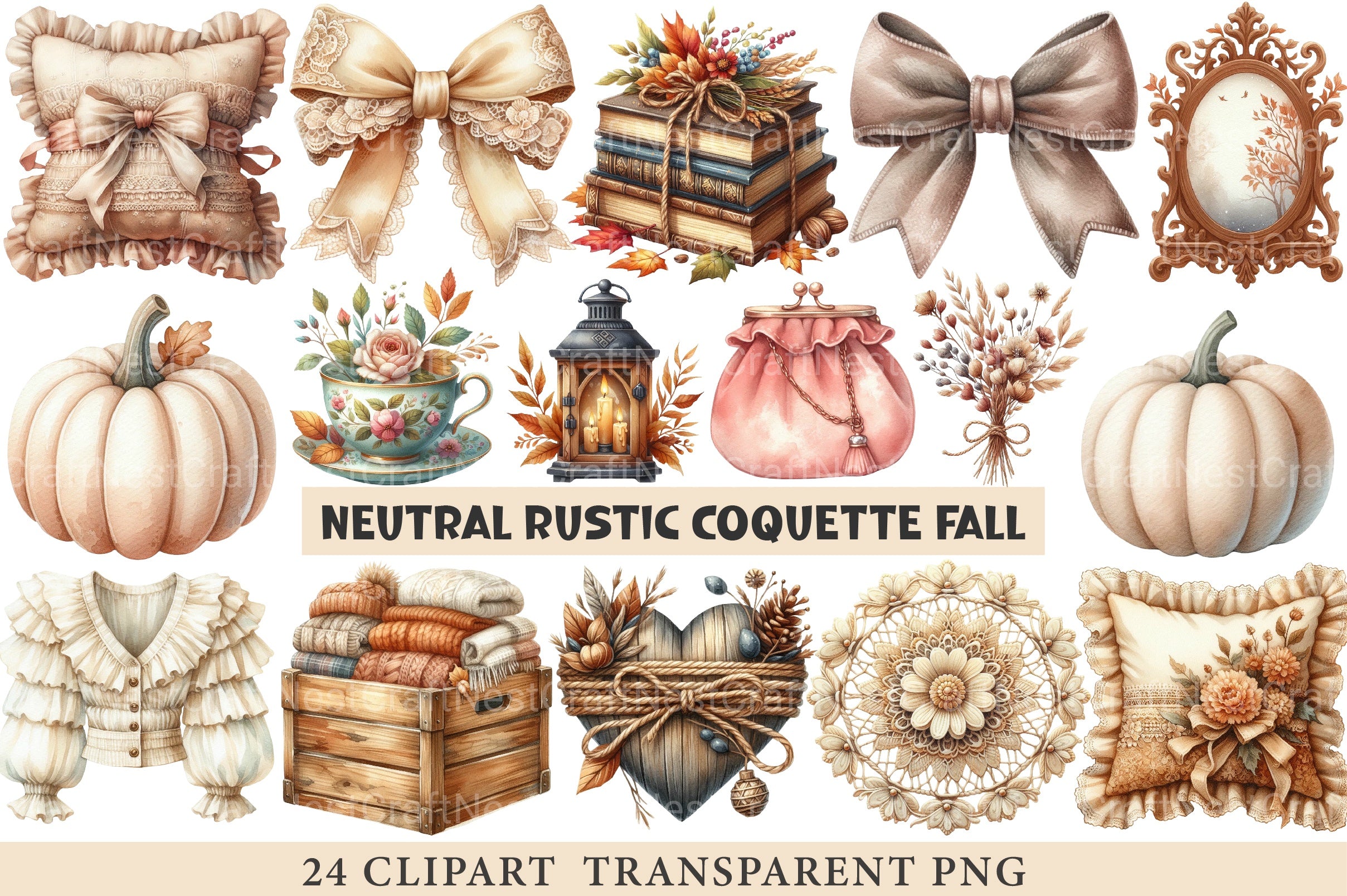 Neutral Rustic Coquette Fall Clipart Bundle - CraftNest - Digital Crafting and Art