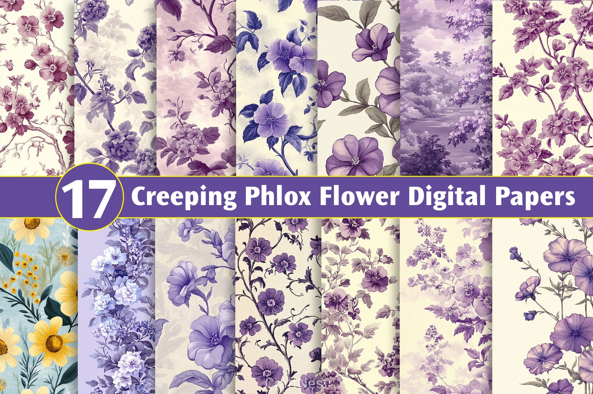 Purple Toile Creeping Phlox Flower Digital Papers - CraftNest - Digital Crafting and Art