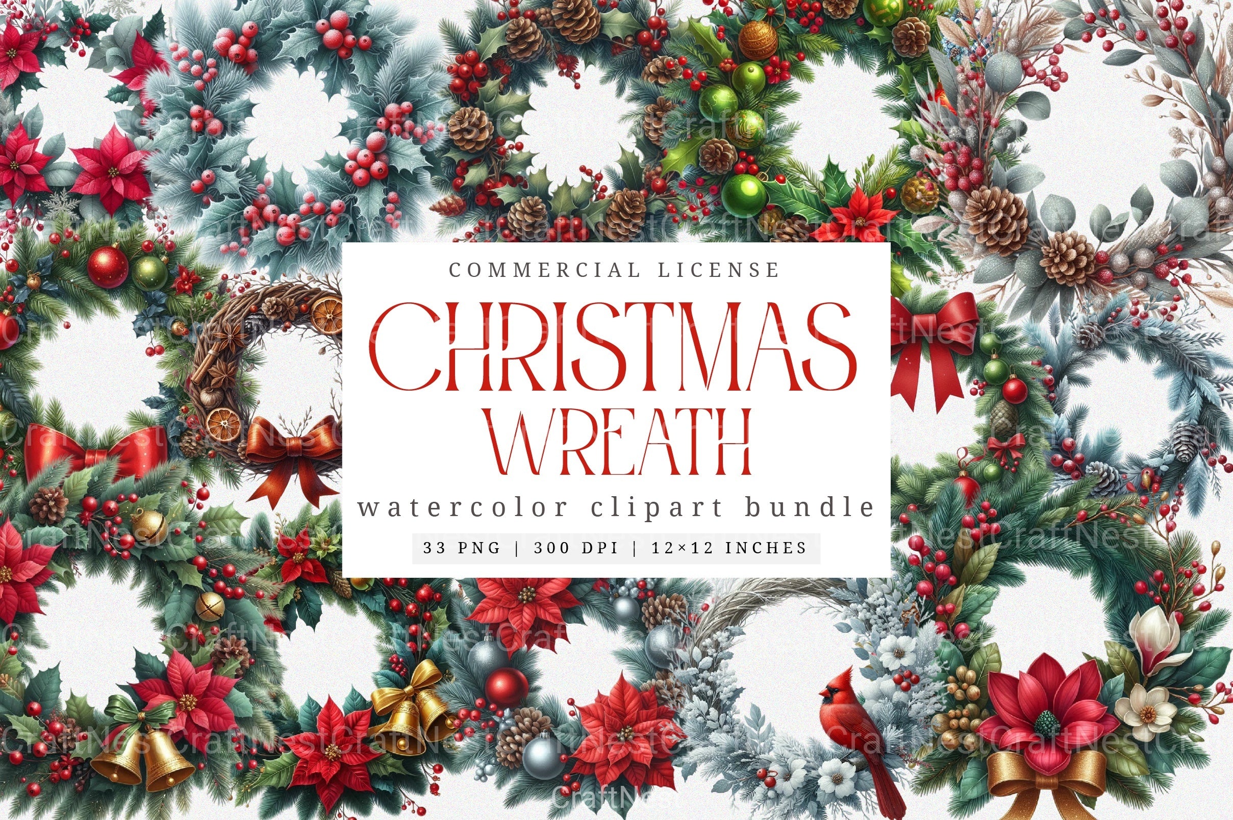 Grandmillennial Christmas Wreath Clipart Bundle for Commercial Use - CraftNest - Digital Crafting and Art