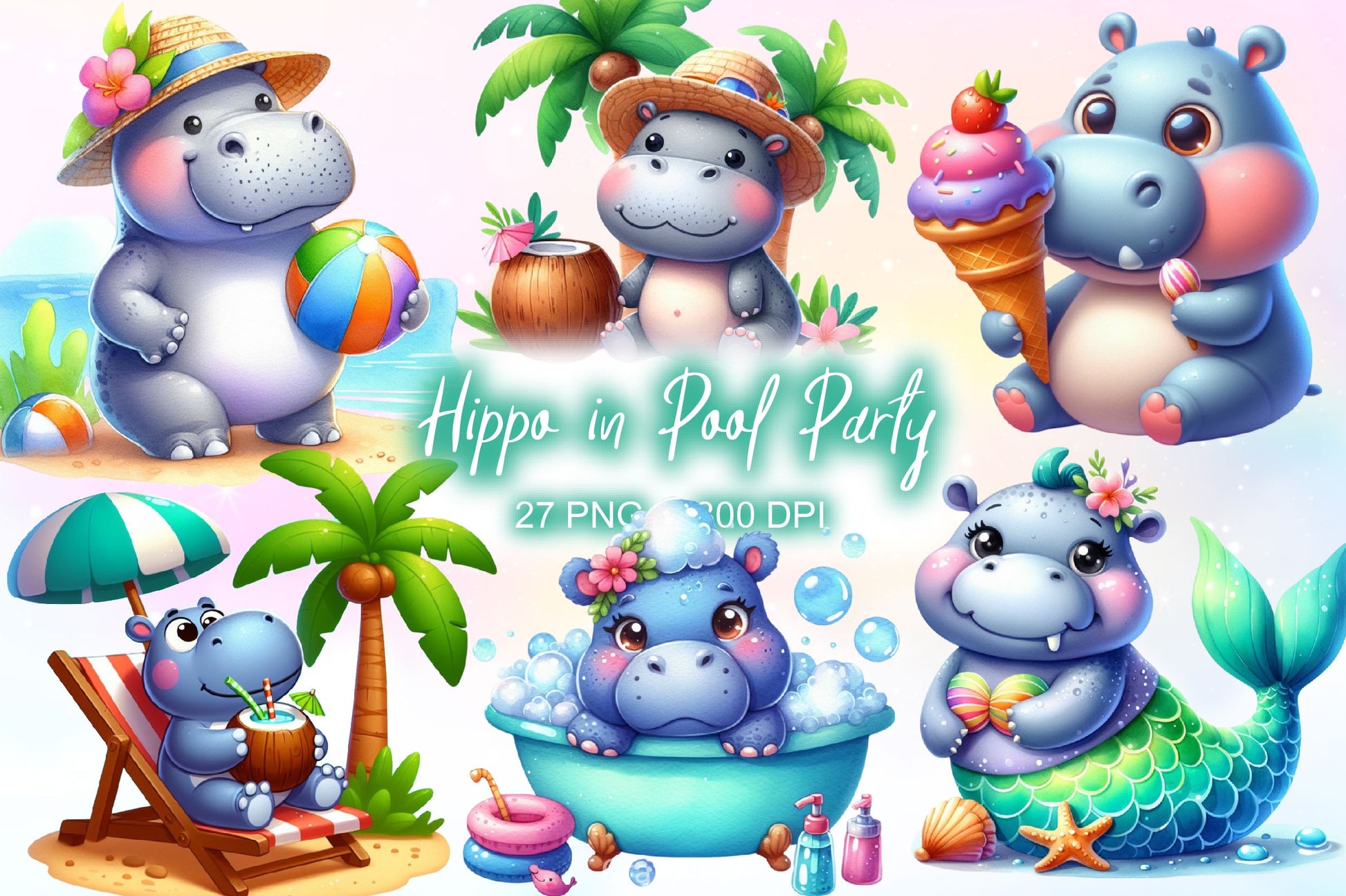 Funny Hippo In Pool Party Clipart Bundle 2 - CraftNest - Digital Crafting and Art