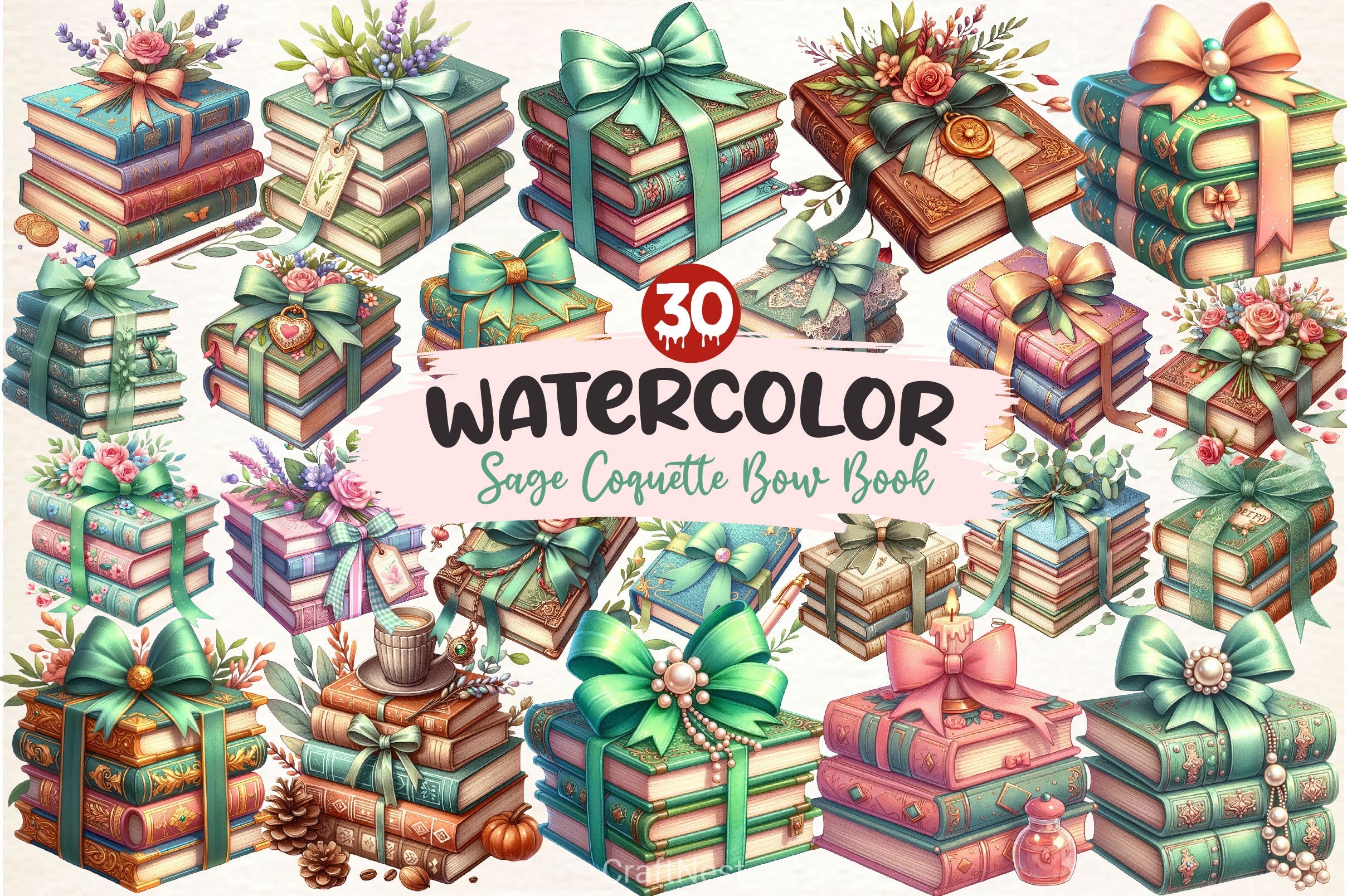 Sage Coquette Bow Book Stack Clipart Bundle - CraftNest - Digital Crafting and Art