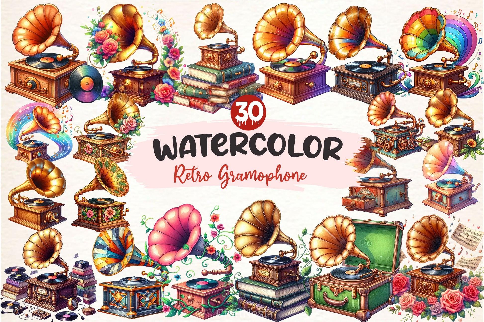 Retro Gramophone Clipart Bundle 2 - CraftNest - Digital Crafting and Art