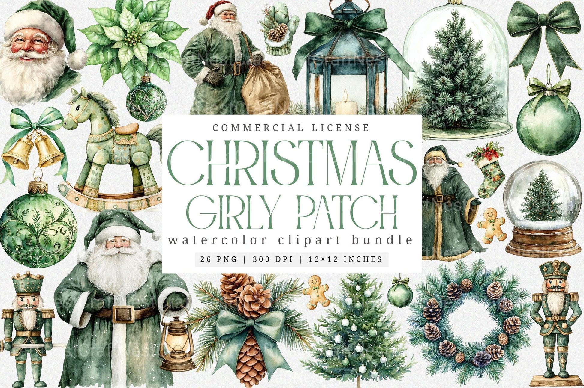 Vintage Green Christmas Winter Clipart Bundle - CraftNest - Digital Crafting and Art