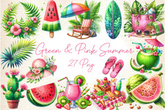 Green & Pink Summer Clipart Bundle 4 - CraftNest - Digital Crafting and Art