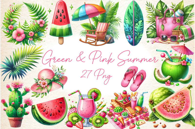 Green & Pink Summer Clipart Bundle 4 - CraftNest - Digital Crafting and Art