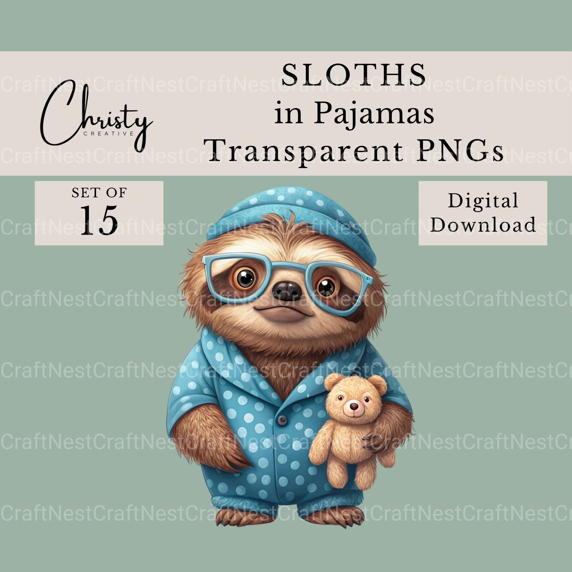 Sloths In Pjs Clipart Bundle - CraftNest - Digital Crafting and Art