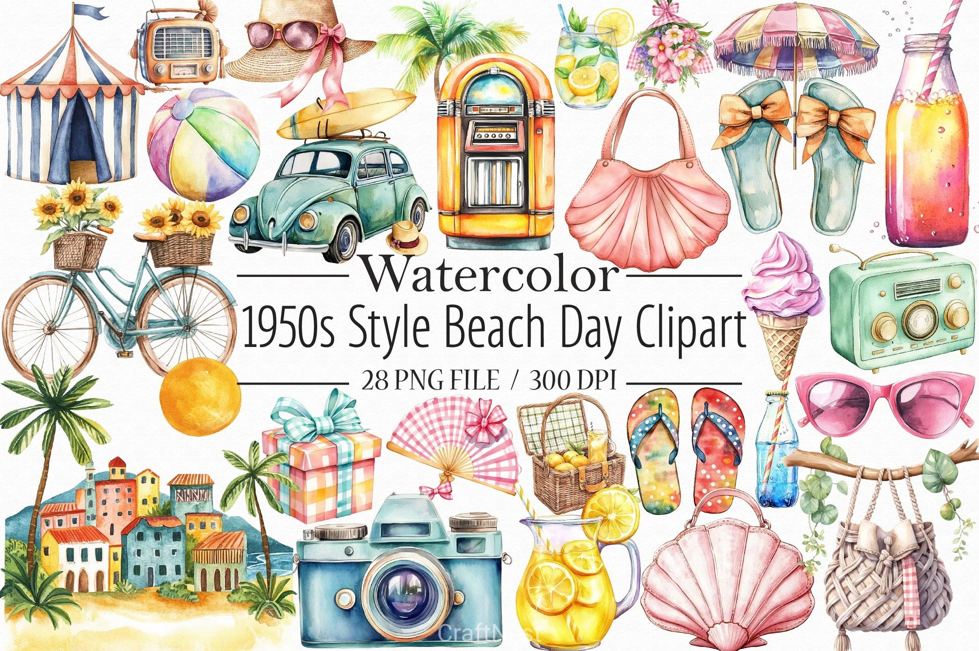 1950s Beach Day Clipart Bundle - CraftNest - Digital Crafting and Art