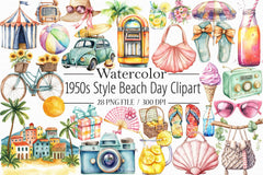 1950s Beach Day Clipart Bundle - CraftNest - Digital Crafting and Art