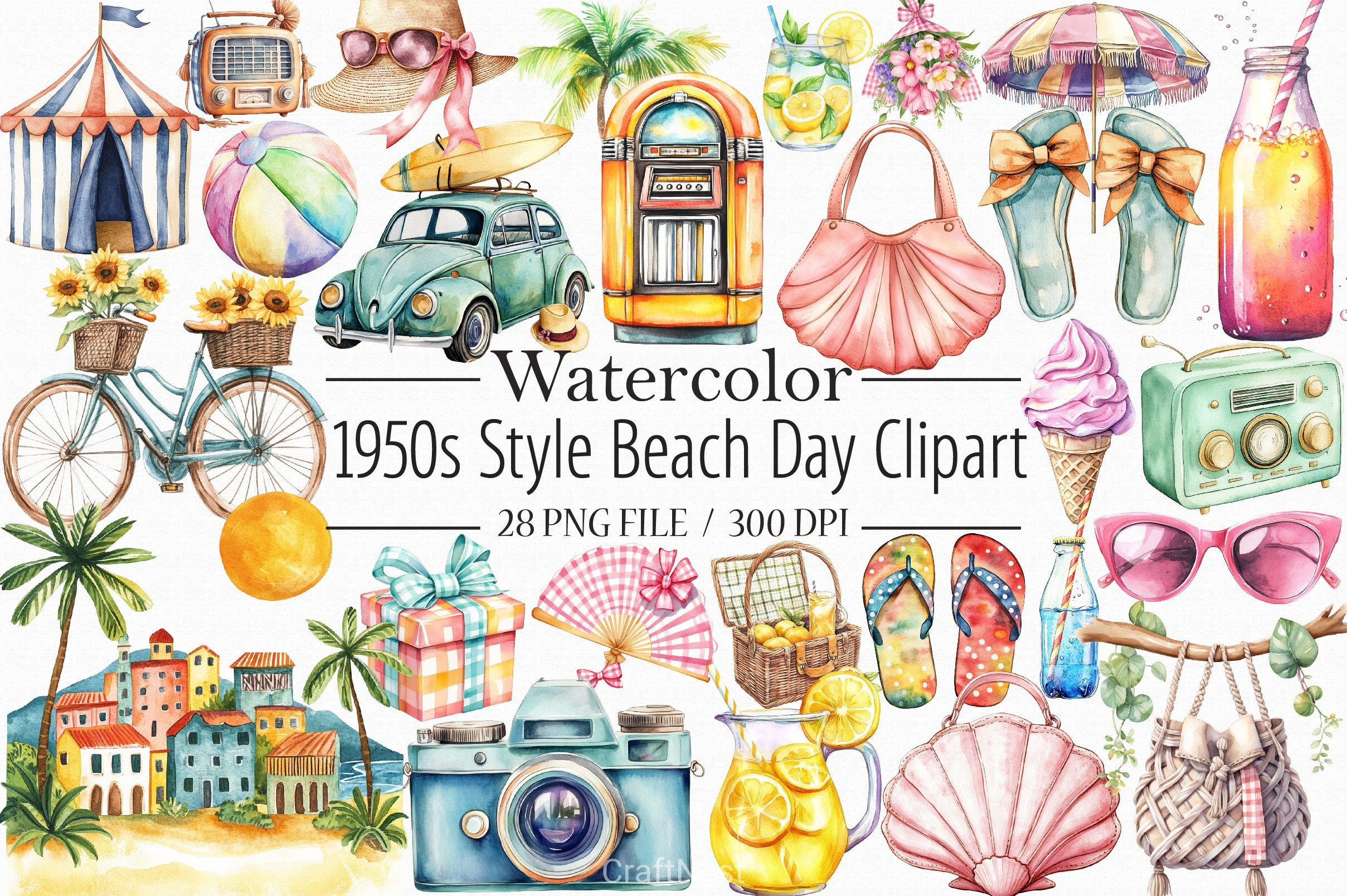 1950s Beach Day Clipart Bundle - CraftNest - Digital Crafting and Art