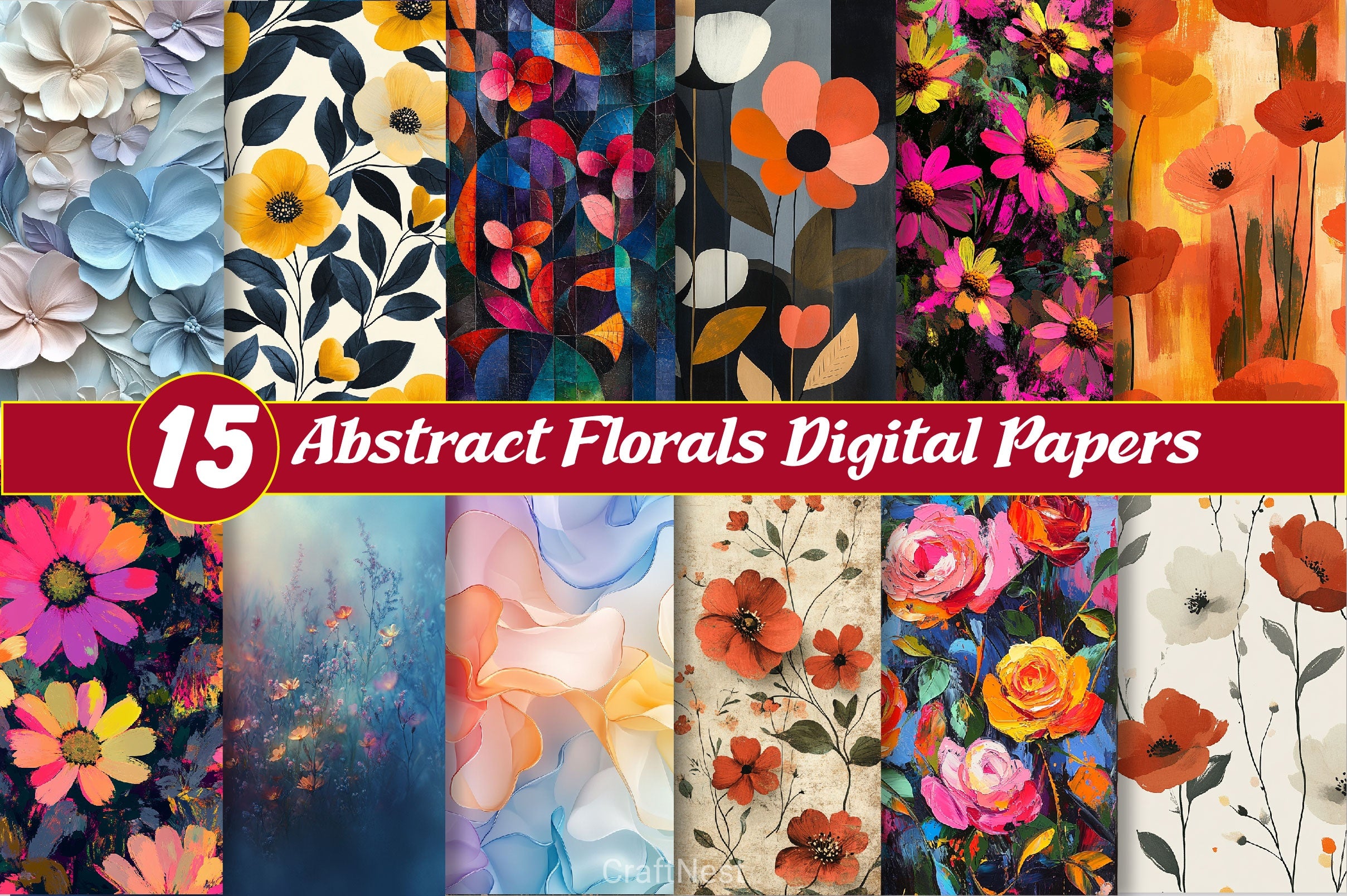 Abstract Florals Digital Papers - CraftNest - Digital Crafting and Art
