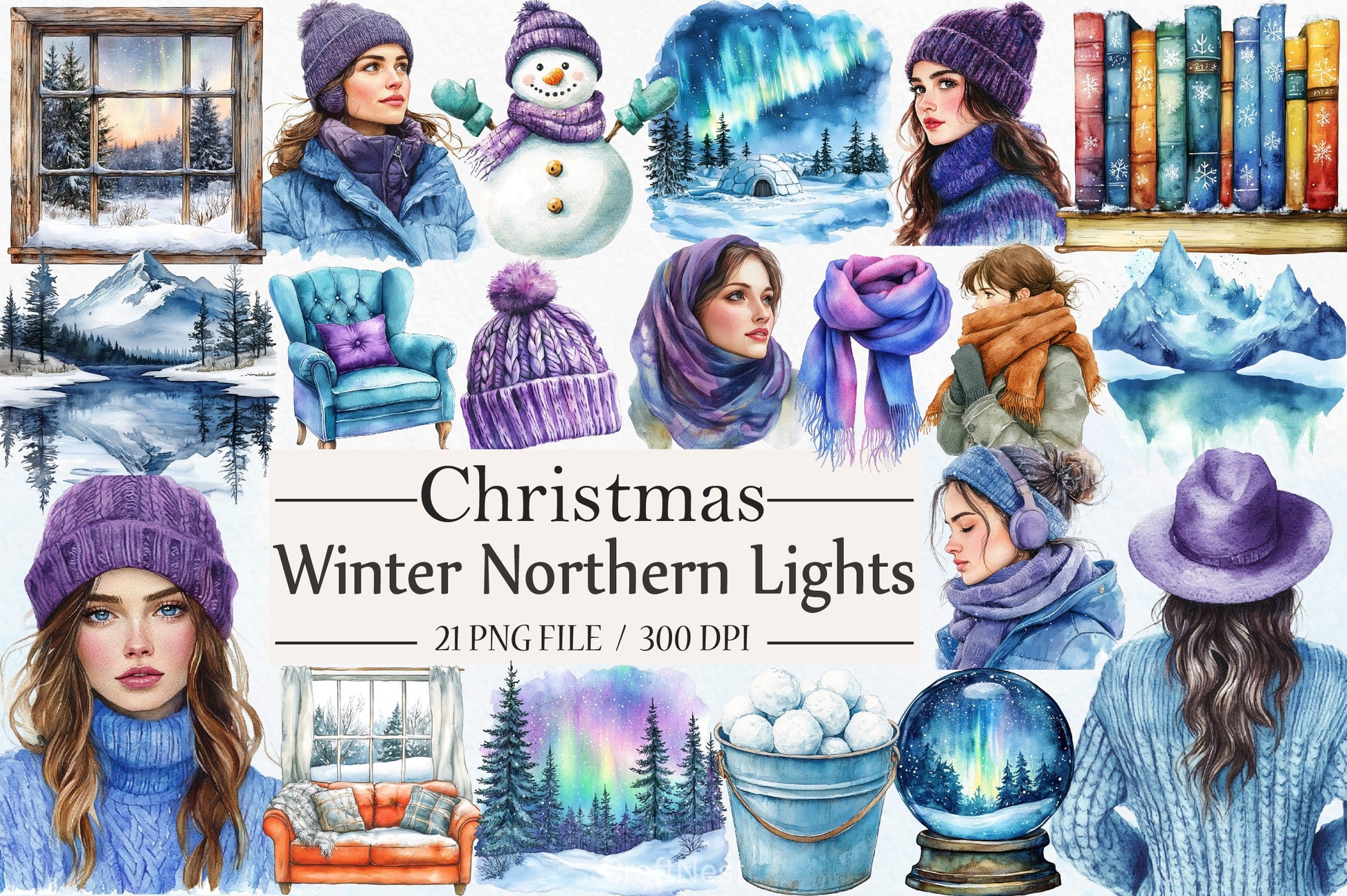 Cozy Winter Northern Lights Clipart Bundle - CraftNest - Digital Crafting and Art