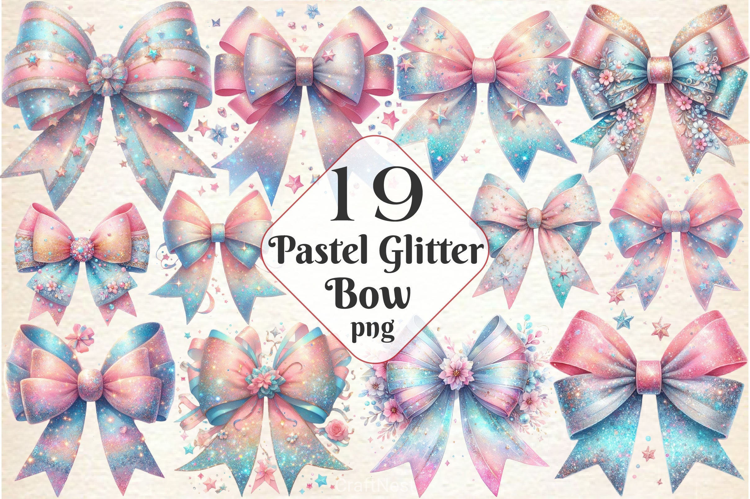 Pastel Glitter Bow Clipart Bundle 5 - CraftNest - Digital Crafting and Art