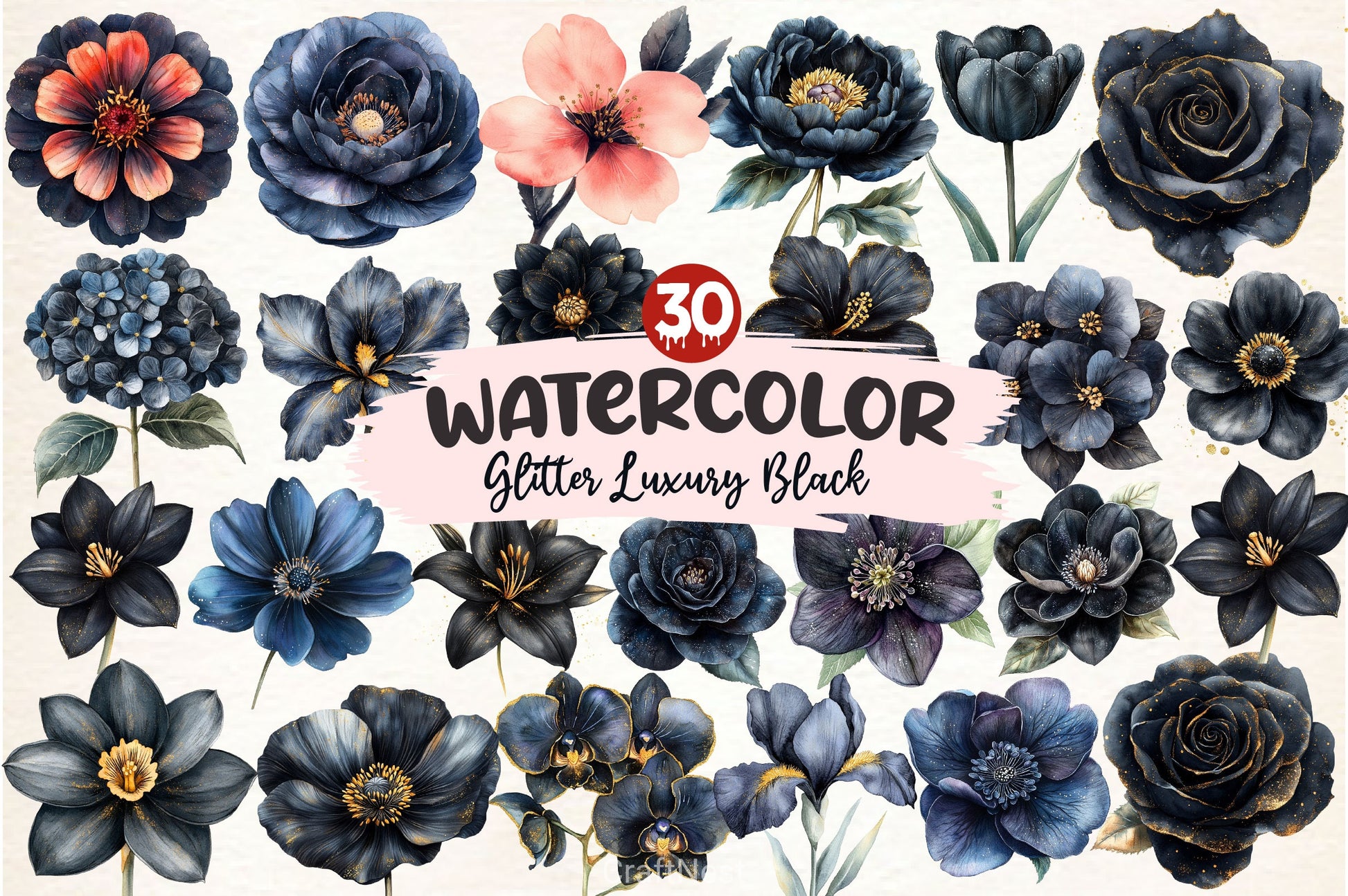 Glitter Luxury Black Spring Flower Clipart Bundle 2 - CraftNest - Digital Crafting and Art