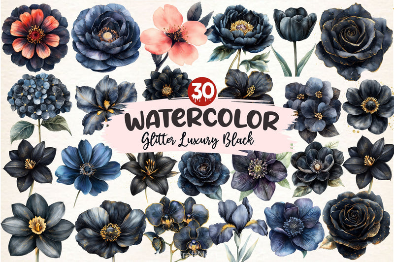 Glitter Luxury Black Spring Flower Clipart Bundle 2 - CraftNest - Digital Crafting and Art