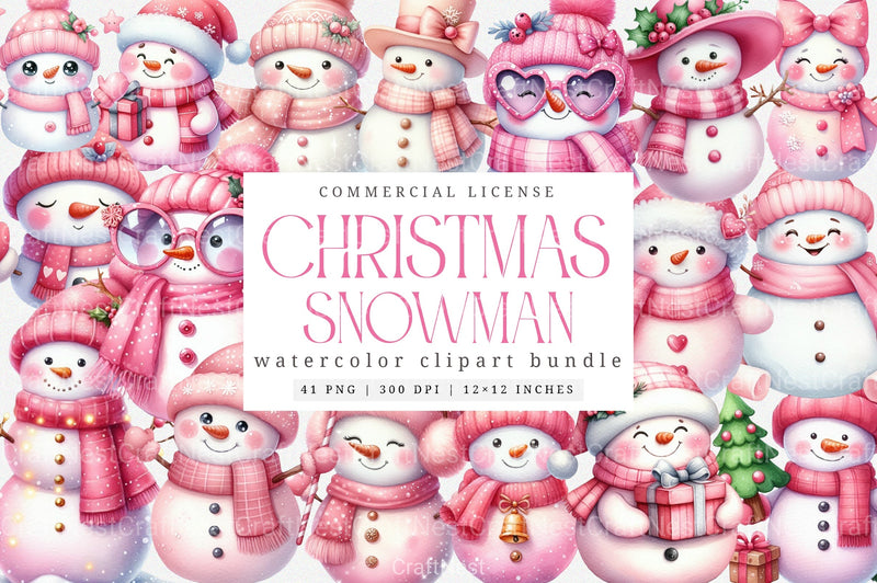 Festive Pink Snowman Christmas Clipart Bundle - CraftNest - Digital Crafting and Art