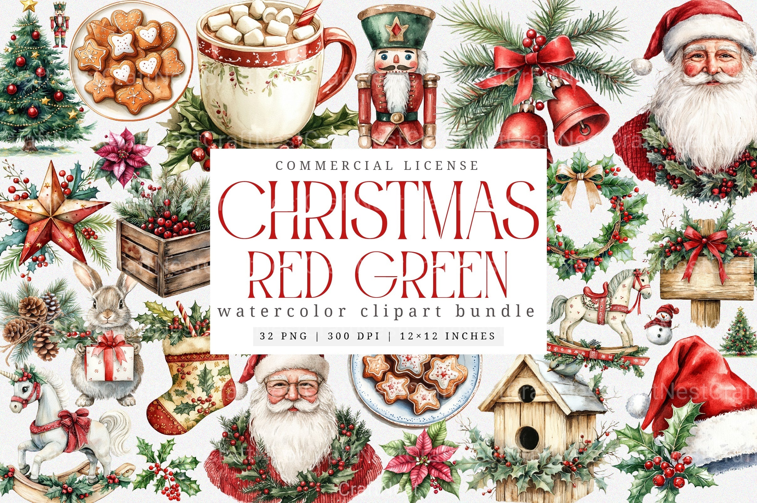 Rustic Red Green Christmas Winter Clipart Bundle - CraftNest - Digital Crafting and Art