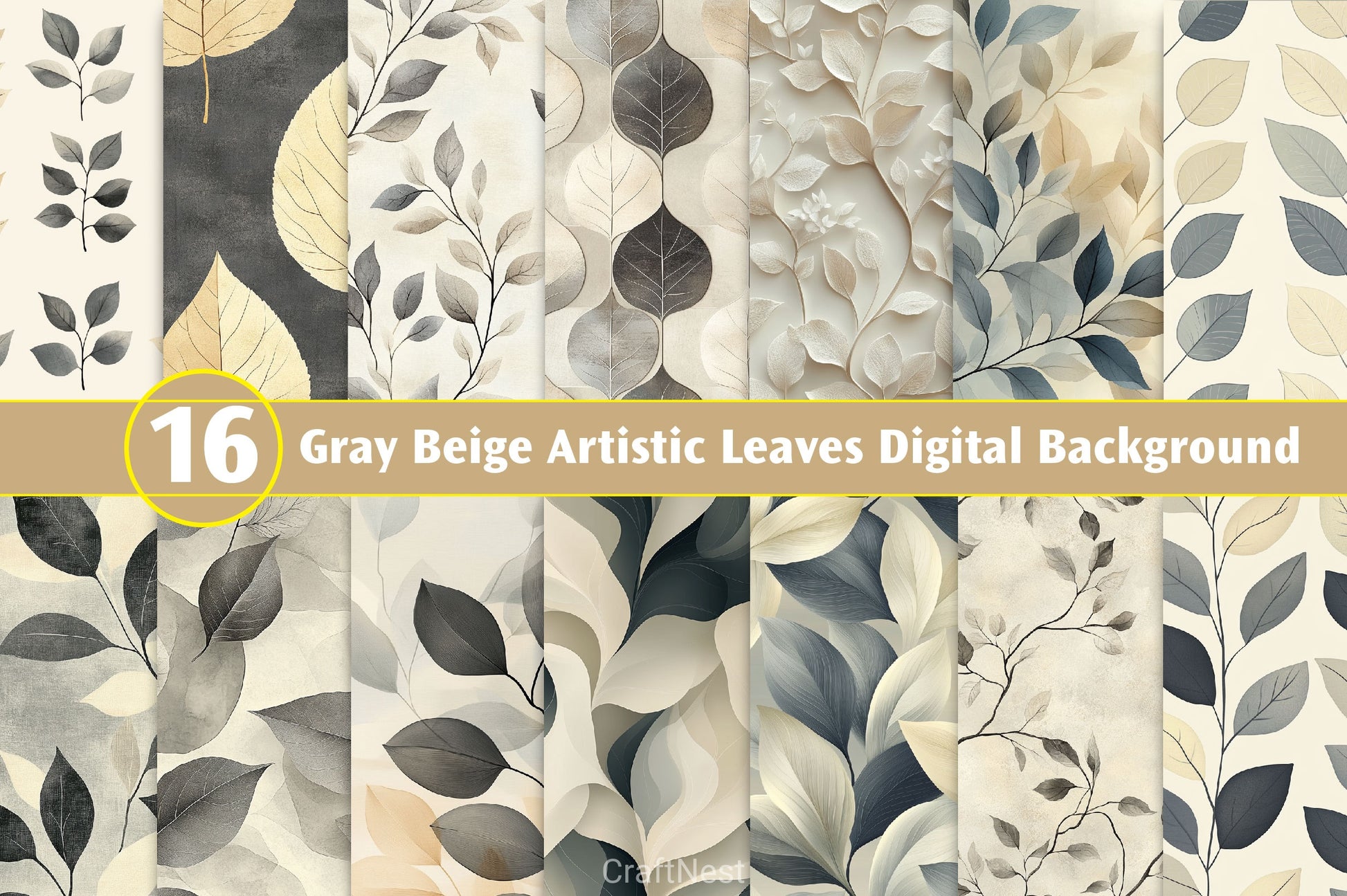 Gray Beige Artistic Leaves Digital Background Clipart Bundle - CraftNest - Digital Crafting and Art