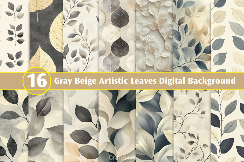 Gray Beige Artistic Leaves Digital Background Clipart Bundle - CraftNest - Digital Crafting and Art