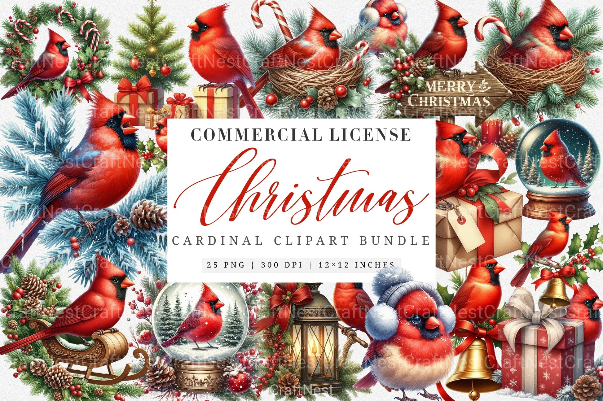 Red Cardinal Christmas Birds Clipart Bundle - CraftNest - Digital Crafting and Art