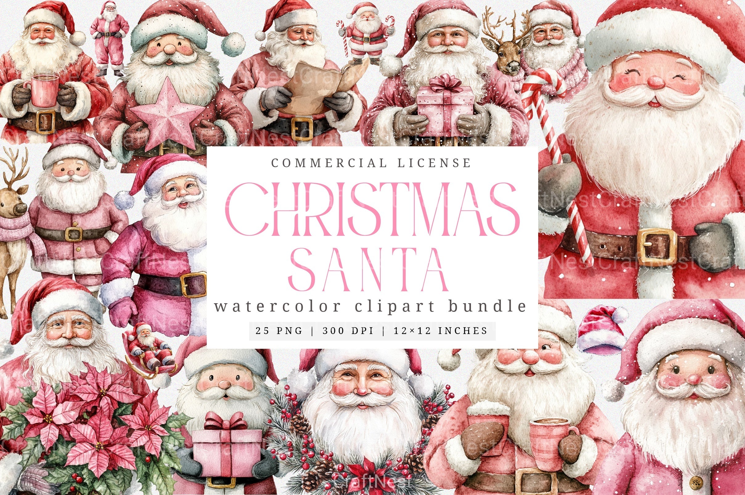 Pink Trendy Christmas Santa Clipart Bundle - CraftNest - Digital Crafting and Art